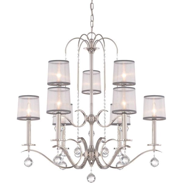 The Quoizel Whitney 9 light chandelier in imperial silver finish with white organza shades on white background.