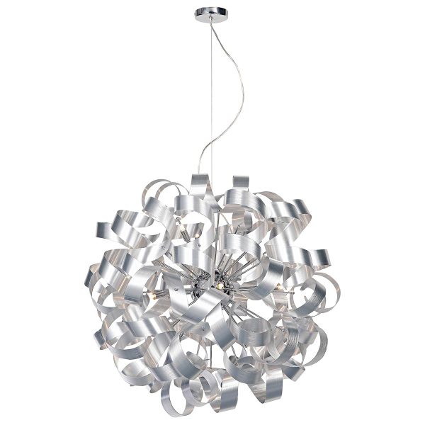 Rawley large 12 light pendant with brushed aluminium ribbons shown full height on white background