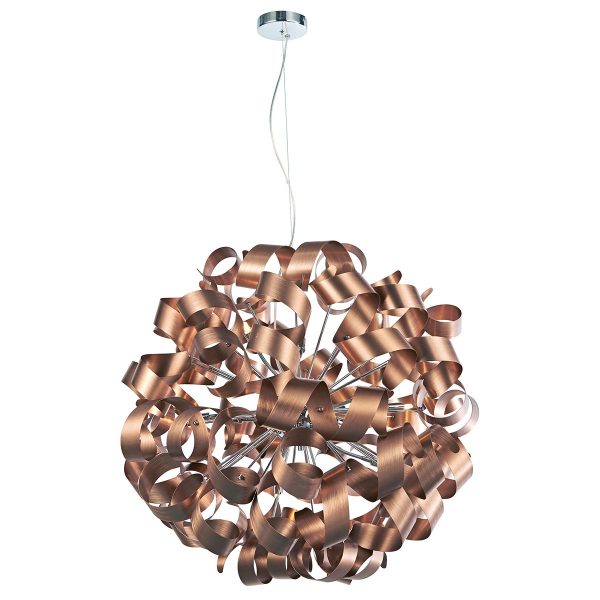 Rawley large 12 light pendant with brushed copper ribbons on white background