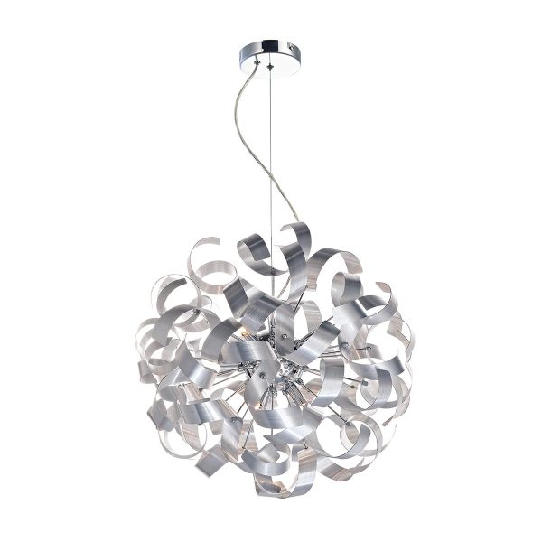 Rawley 9 light pendant with brushed aluminium ribbons on white background