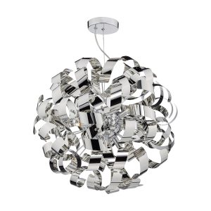 Rawley 9 light pendant with polished chrome ribbons on white background