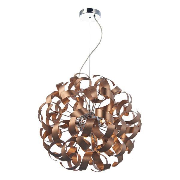 Rawley 9 light pendant with brushed copper ribbons on white background