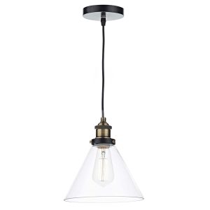 Dar Ray single light ceiling pendant in antique brass on white background