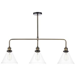 Dar Ray 3 light bar pendant in antique brass on white background