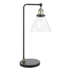 Ray single light table lamp in antique brass with clear glass shade, on white background lit