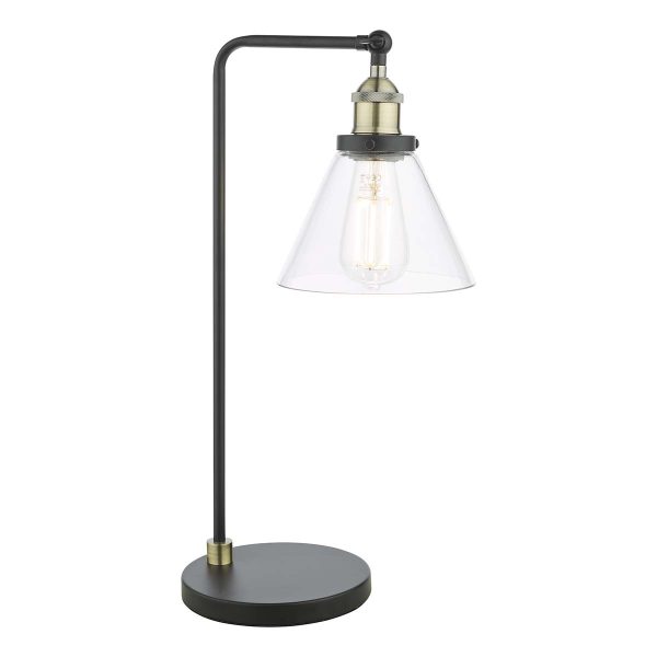 Ray single light table lamp in antique brass with clear glass shade, on white background lit