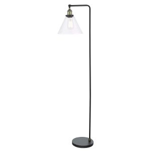 Ray single light floor lamp in antique brass with clear glass shade on white background lit