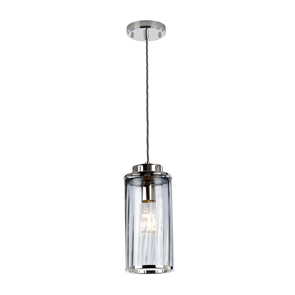 Reno Ribbed Smoked Glass 1 Lamp Pendant Ceiling Light Polished Nickel