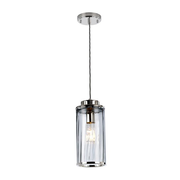 Elstead Reno ribbed smoked glass 1 light ceiling pendant in polished nickel main image