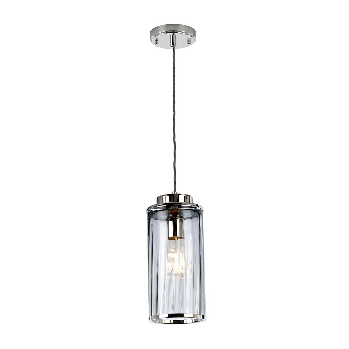 Reno Ribbed Smoked Glass 1 Lamp Pendant Ceiling Light Polished Nickel
