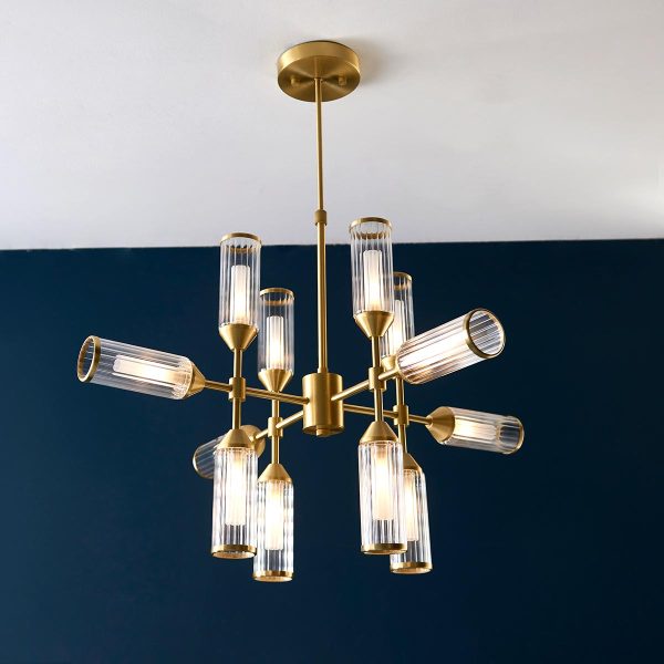 Ribbed glass 12 light telescopic ceiling pendant in brushed brass main image