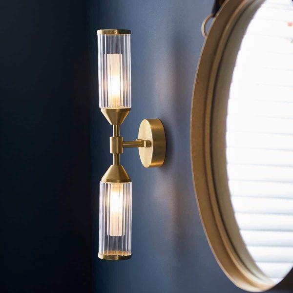 Modern ribbed and frosted glass twin wall light in brushed brass main image