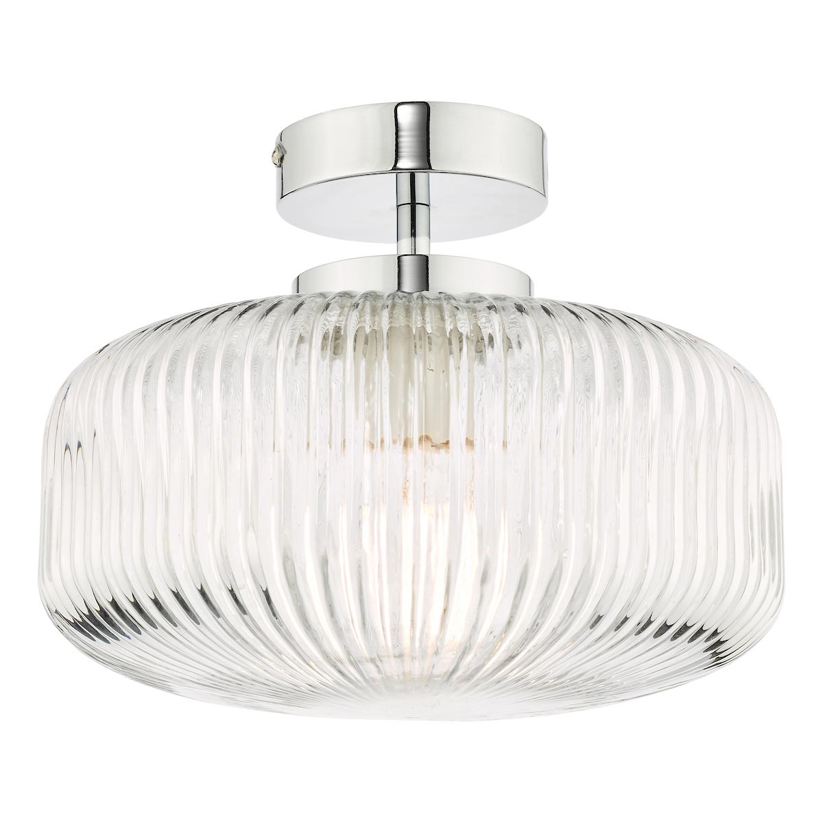 Riva bathroom ceiling light semi flush in chrome with ribbed glass on white background