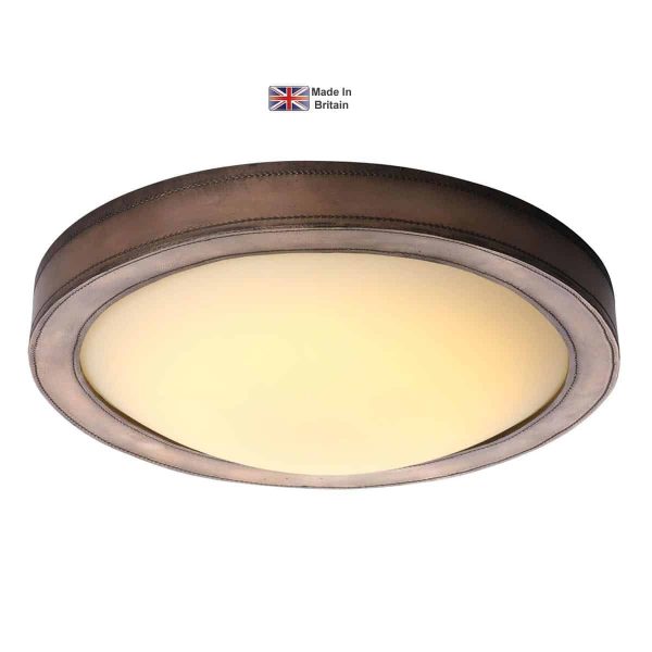 Saddler LED flush ceiling light in brown leather look with opal glass shade shown lit
