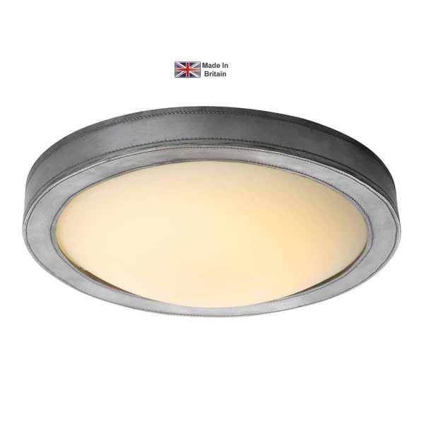 Saddler LED flush ceiling light in pewter leather look with opal glass shade shown lit