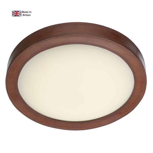 Saddler LED flush ceiling light in brown leather look with opal glass shade main image
