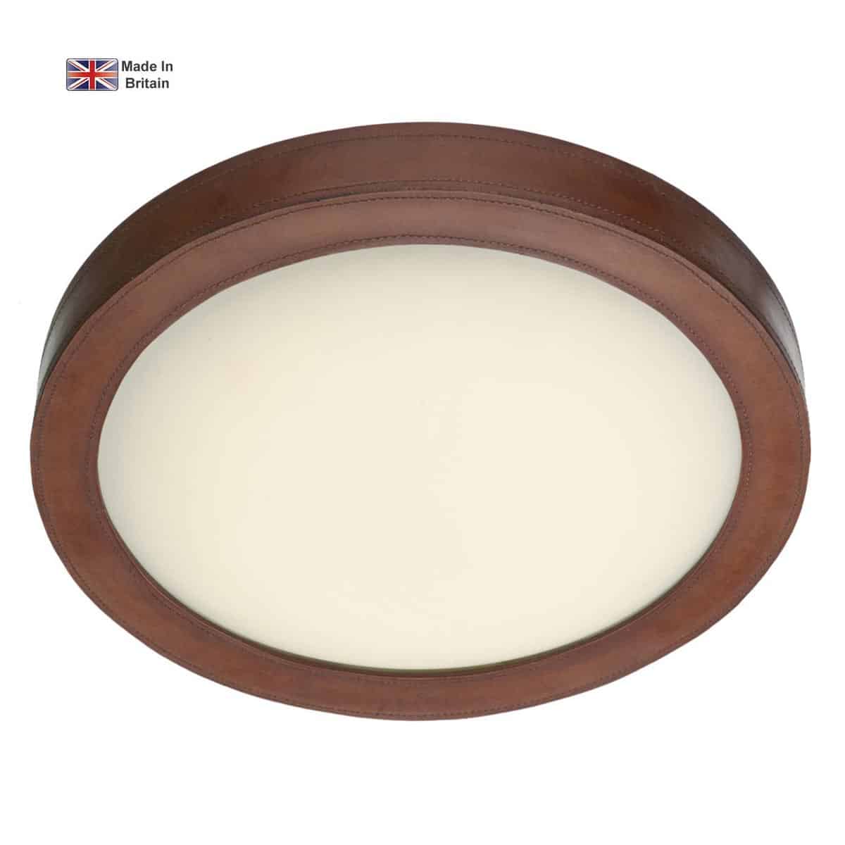 Saddler LED Flush Ceiling Light Brown Leather Opal Glass