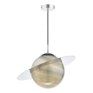 Saturn single light pendant with planet glass shade, shown lit on white background