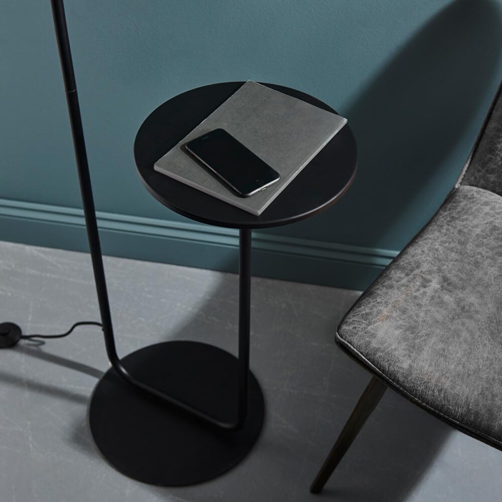 Satin Black 1 Light Floor Lamp With Side Table And Black Drum Shade