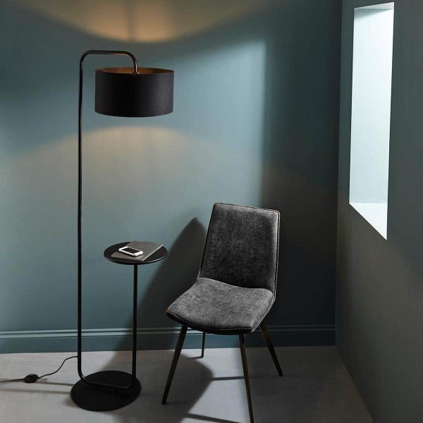 Satin black 1 light floor lamp with side table and black drum shade main image