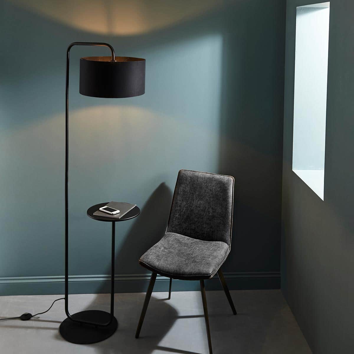 Satin Black 1 Light Floor Lamp With Side Table And Black Drum Shade