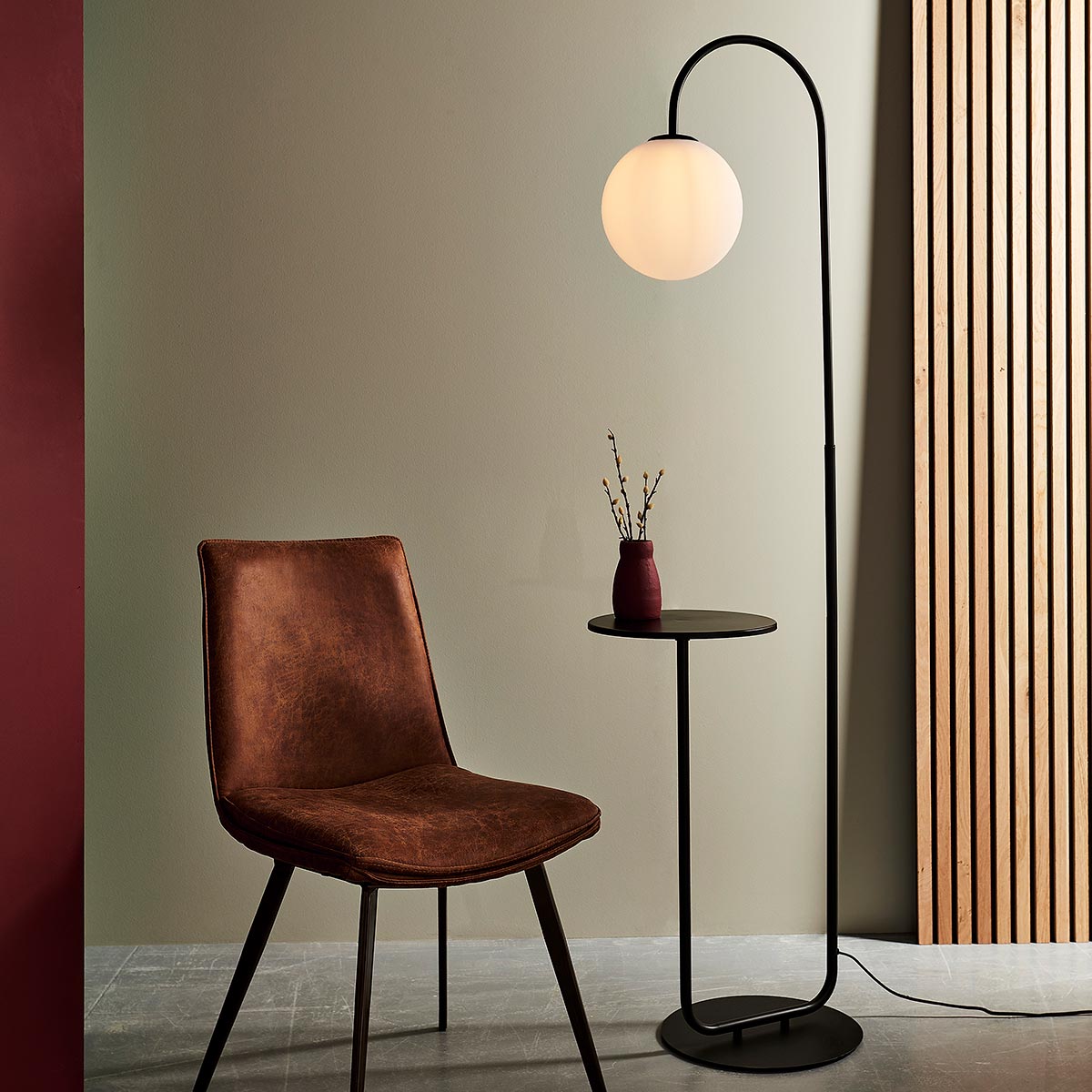 Satin Black 1 Light Floor Lamp With Side Table And Opal Glass Globe