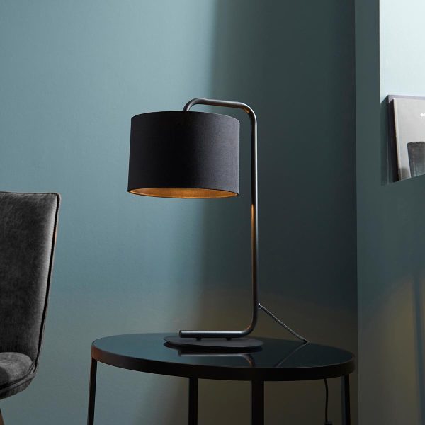 Modern satin black 1 light table lamp with black drum shade main image