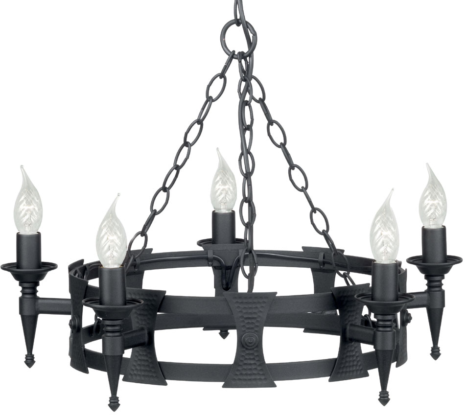 Elstead Saxon Matt Black Wrought Iron 5 Light Cartwheel Chandelier