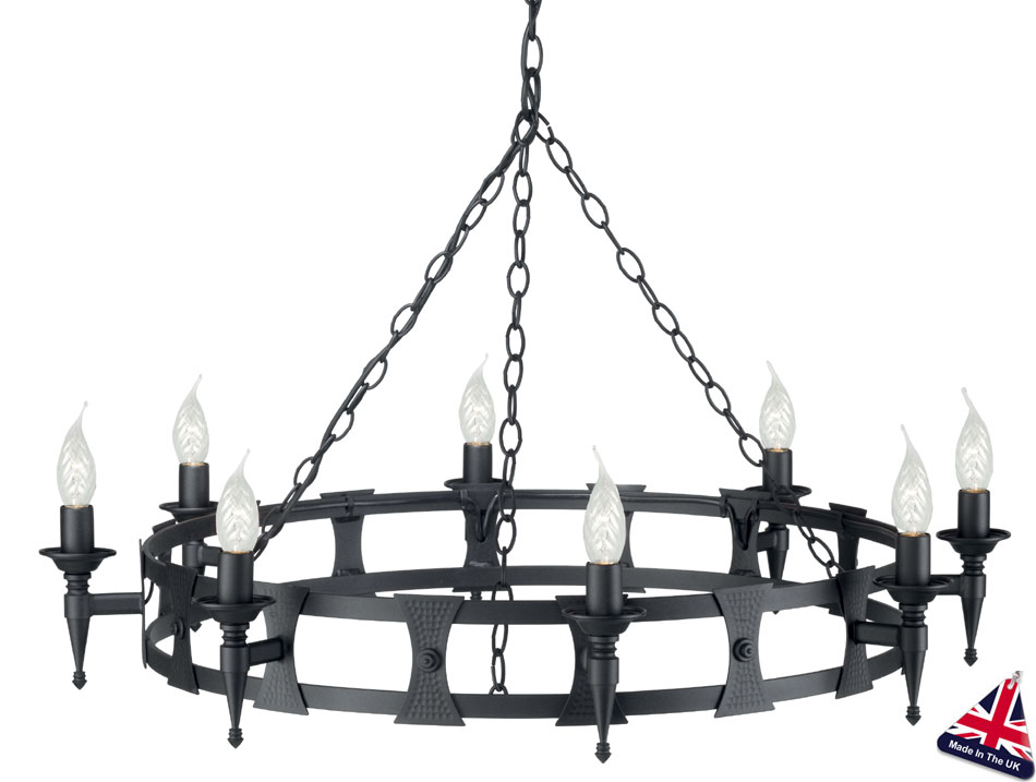 Elstead Saxon Matt Black Wrought Iron 8 Light Cartwheel Chandelier