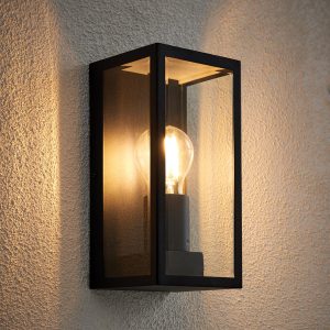 Breton modern 1 light outdoor wall box lantern in matt black main image on garden wall