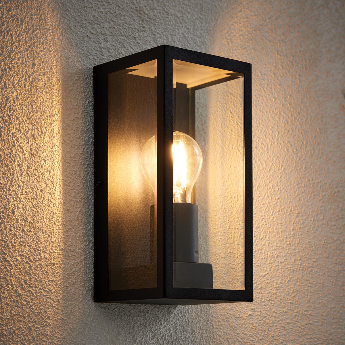 Breton Modern 1 Light Outdoor Wall Box Lantern Matt Black Clear Glass