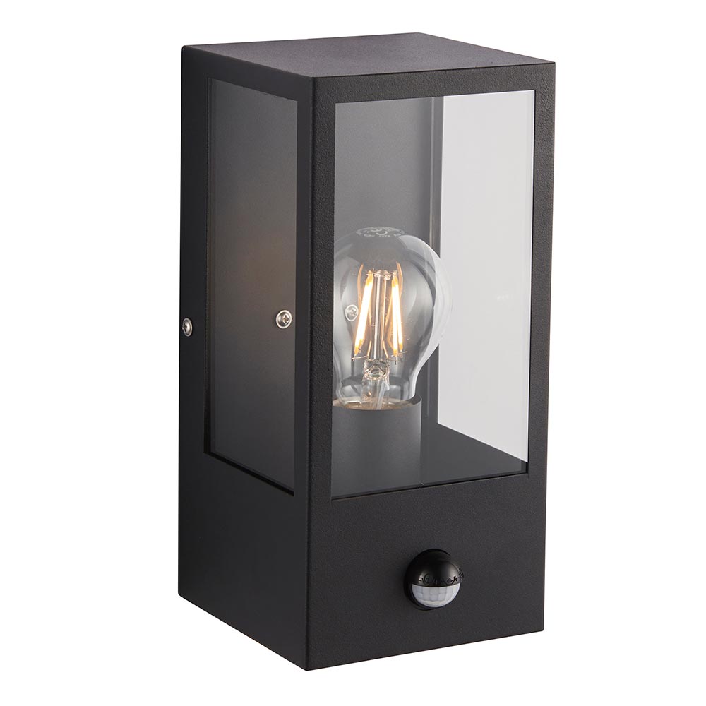 Breton Modern 1 Light Outdoor Wall PIR Box Lantern Override Matt Black