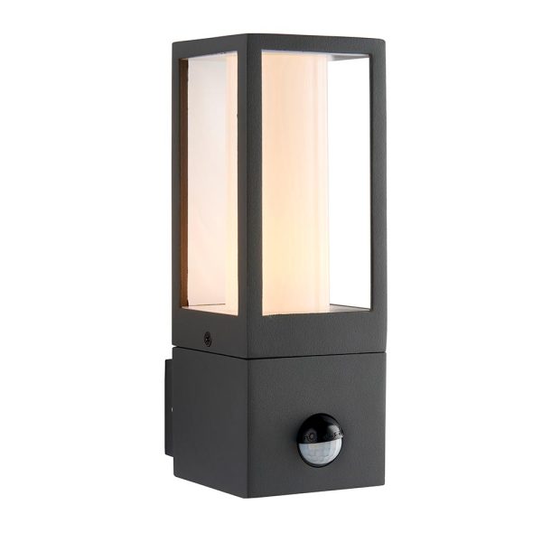 Lantern contemporary 1 light outdoor PIR wall light in textured dark grey main image