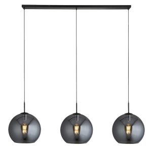 Searchlight 1023-3SM Amsterdam 3 light smoked glass globes ceiling pendant bar in matt black full height