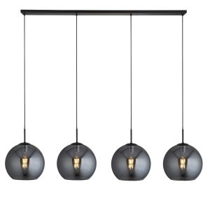 Searchlight 1024-4SM Amsterdam 4 light smoked glass globes ceiling pendant bar in matt black full height