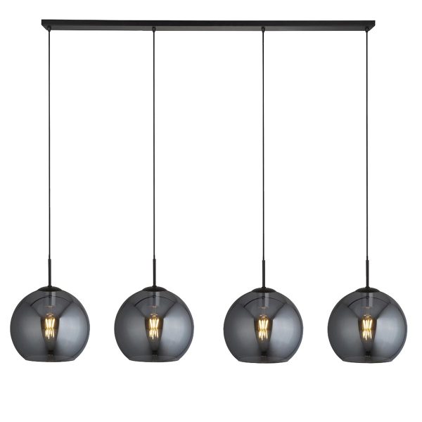 Searchlight 1024-4SM Amsterdam 4 light smoked glass globes ceiling pendant bar in matt black full height