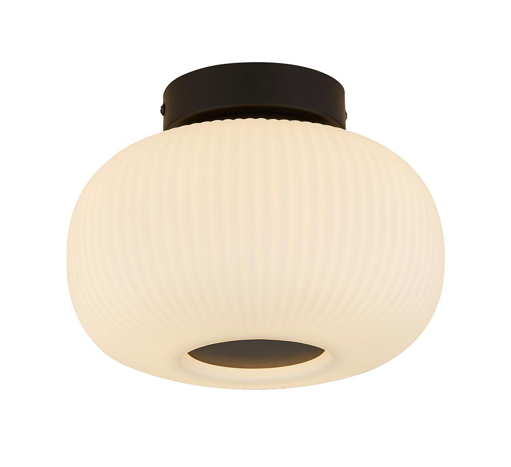 Stylish Black 1 Light Flush Low Ceiling Light Ribbed White Glass Shade