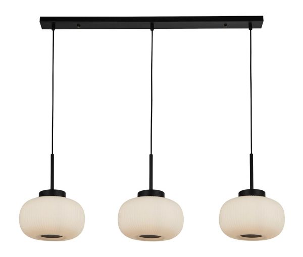 Stylish Matt Black 3 Light Ceiling Pendant Bar Ribbed White Glass Shades