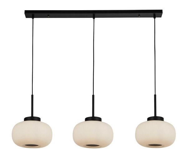 Stylish matt black 3 light ceiling pendant bar with ribbed white glass shades