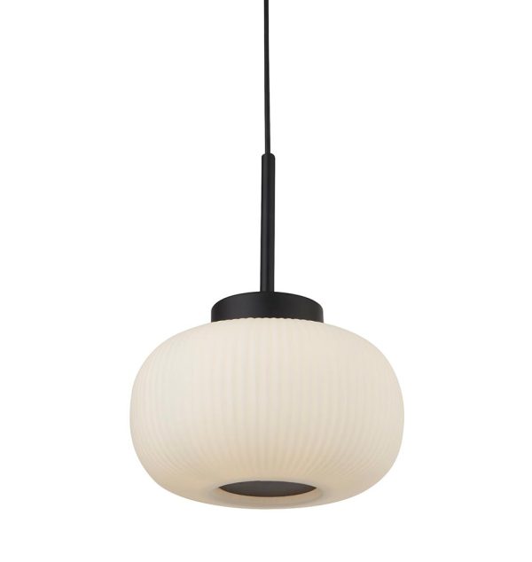 Stylish matt black 1 light ceiling pendant with ribbed white glass shade closeup