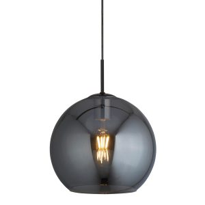 1031-1SM Amsterdam single light 30cm smoked glass ceiling pendant in matt black closeup