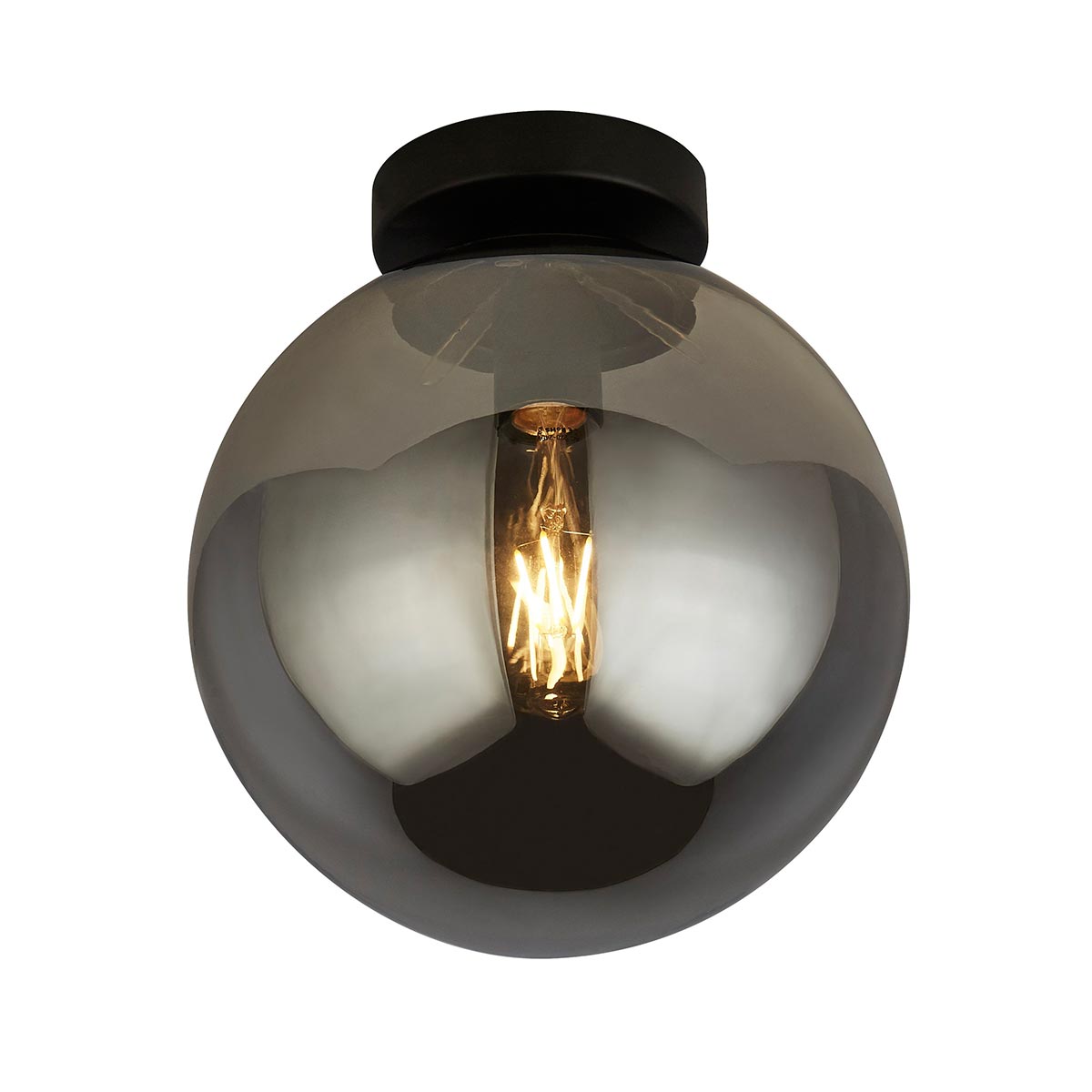 Modern Single Smoked Glass Globe Flush Low Ceiling Light Matt Black