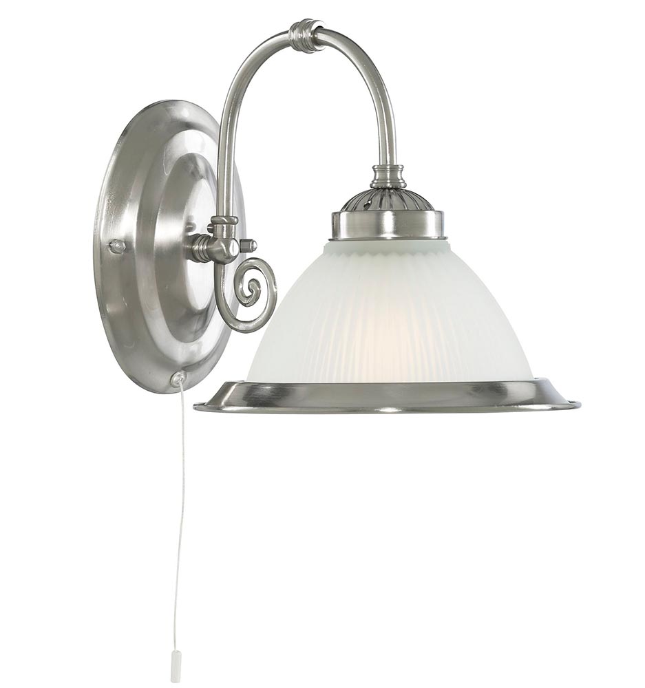 American Diner 1 Lamp Switched Wall Light Satin Silver Ribbed Glass