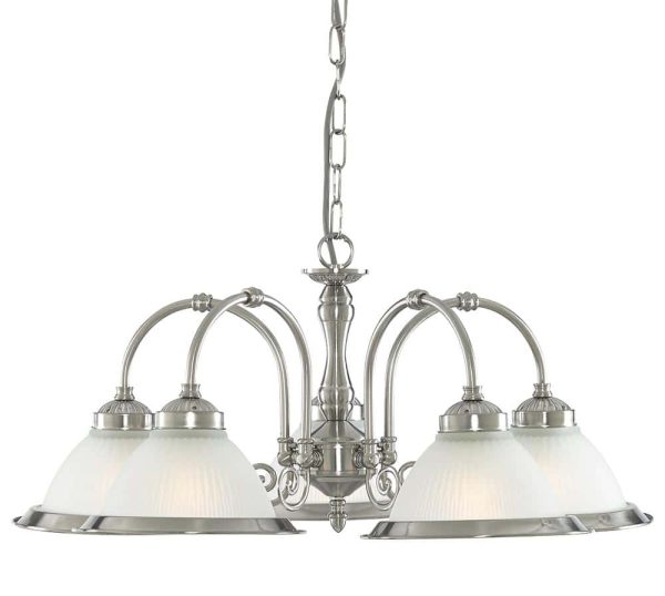 American Diner 5 light ceiling pendant satin silver & acid ribbed glass