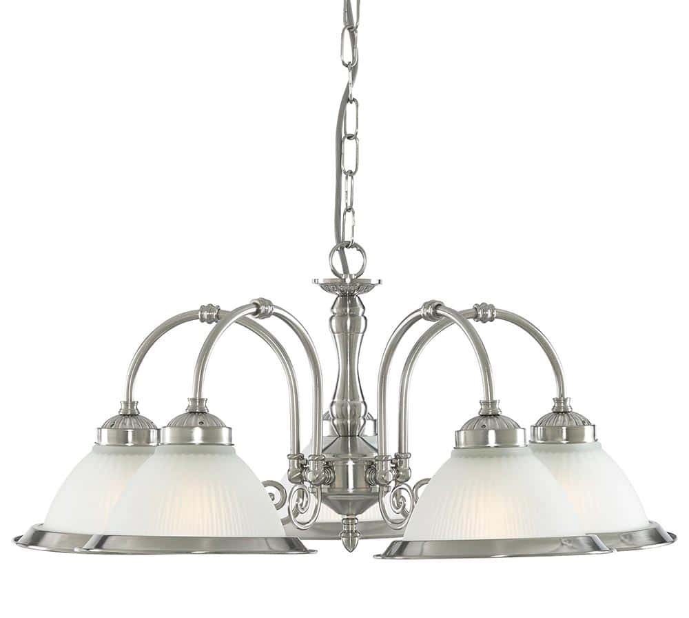 American Diner 5 Light Ceiling Pendant Satin Silver Ribbed Etched Glass