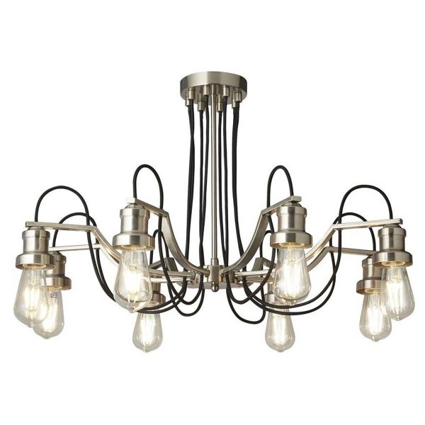 Olivia 8 light chandelier pendant in satin silver on white background lit