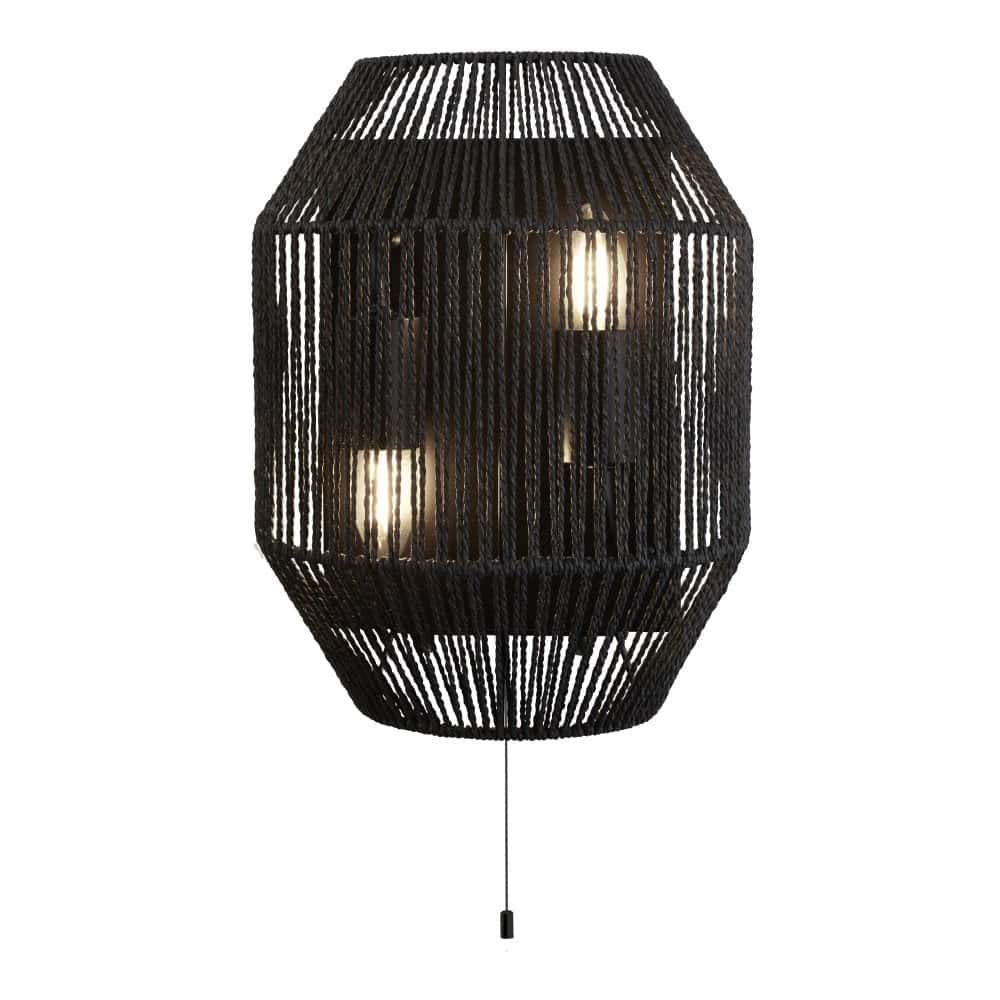 Trendy Black Wicker Switched 2 Lamp Twin Wall Light Matt Black