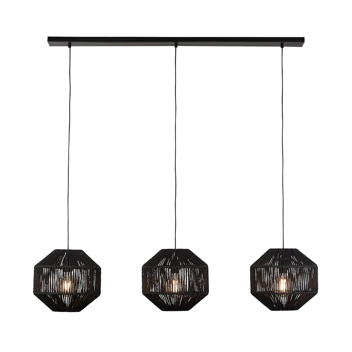 Trendy Black Wicker 3 Lamp Pendant Ceiling Light Bar Matt Black