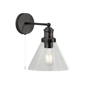 Pyramid 1 light switched wall light in matt black with clear glass shade