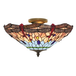 Dragonfly handmade 3 light semi flush Tiffany ceiling light in antique brass